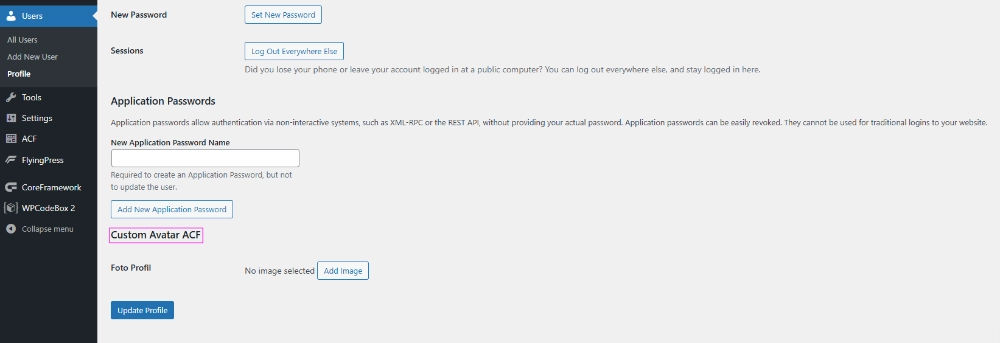 Tampilan Custom Profile Photo pada Menu WordPress Profile