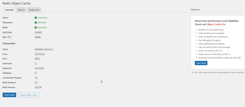 Status Berhasil Menginstal Redis Object Cache pada WordPress